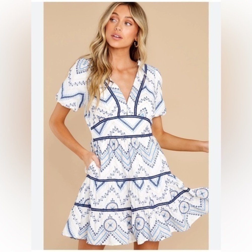 Btfl Life Tiered Embroidered Mini Dress White And Blue Color Size Medium